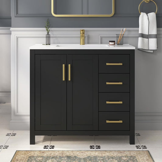 DELUXE LIVING 36 Inch Bathroom Vanity with Sink, Modern Black Bathroom Vanities with Adjustable Feets, 2 Soft-Closing Doors & 4 Drawers, Integral Sink