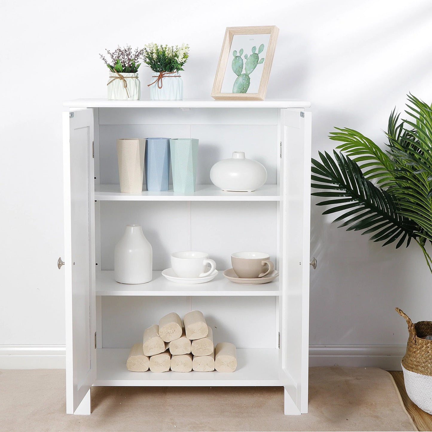 HomGarden 2-Door Bathroom Floor Storage Cabinet Side Cupboard W/Adjustable Shelves, 11.8'' W, White