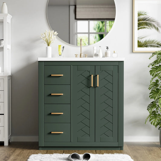 ENSHUI 30-Inch Bathroom Vanity with Ceramic Sink Combo, Solid Wood Frame, 4 Drawers, Soft Closing Doors, Green