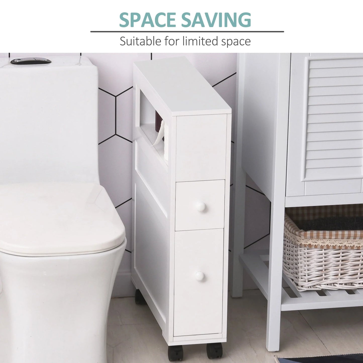 Homcom Wood Rolling Bathroom Side Storage Cabinet, White