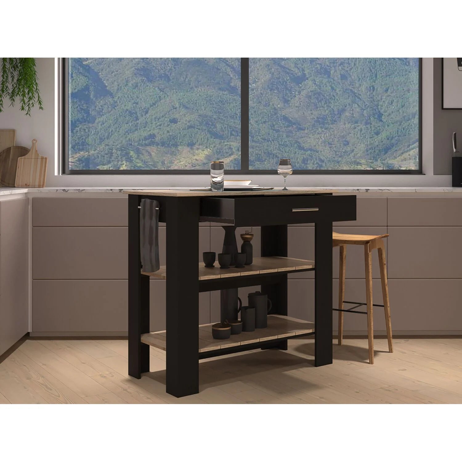 Depot E-Shop Delos 40 Kitchen Island with 2 Shelves, Drawer, 4 Legs, and Towel Rack, Black/Light Oak