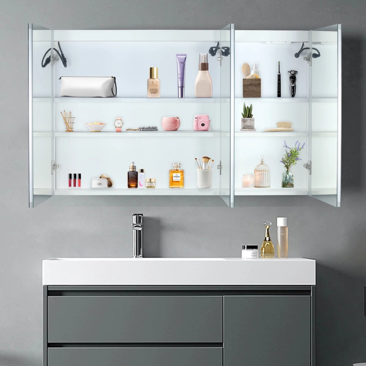 Ktaxon 48"x28" LED Bathroom Mirror Cabinet with Lights, Wall-Mounted Medicine w/Defogger, Dimmable, Memory function, Outlets & USB, White