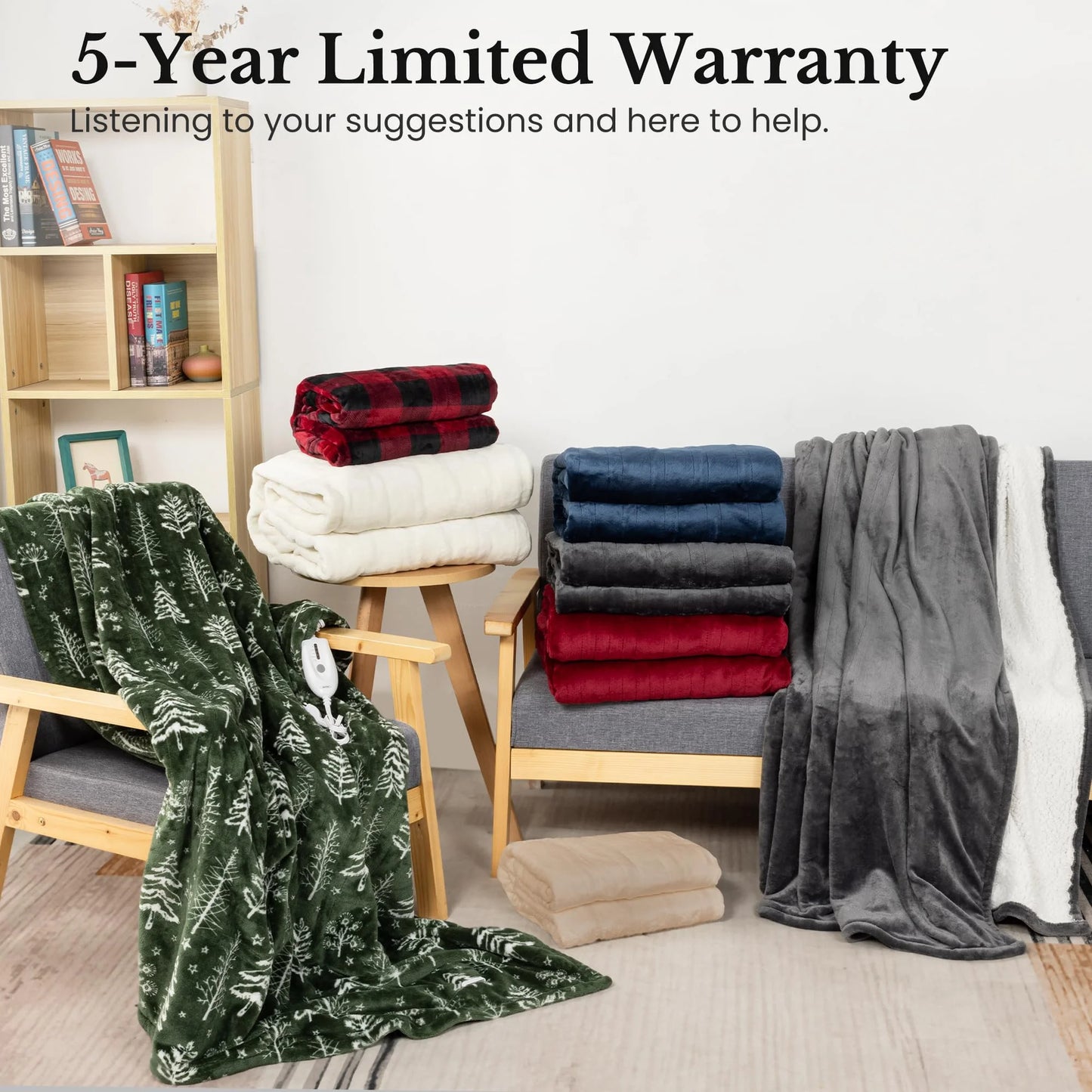 RoyalCraft Heated Blanket King Size, Electric Throw Dual Control, 5 Years Warranty, 10 Heat Settings, 12 Hours Auto Off, Soft Flannel and Sherpa, Machine Washable, ETL Certified, Grey