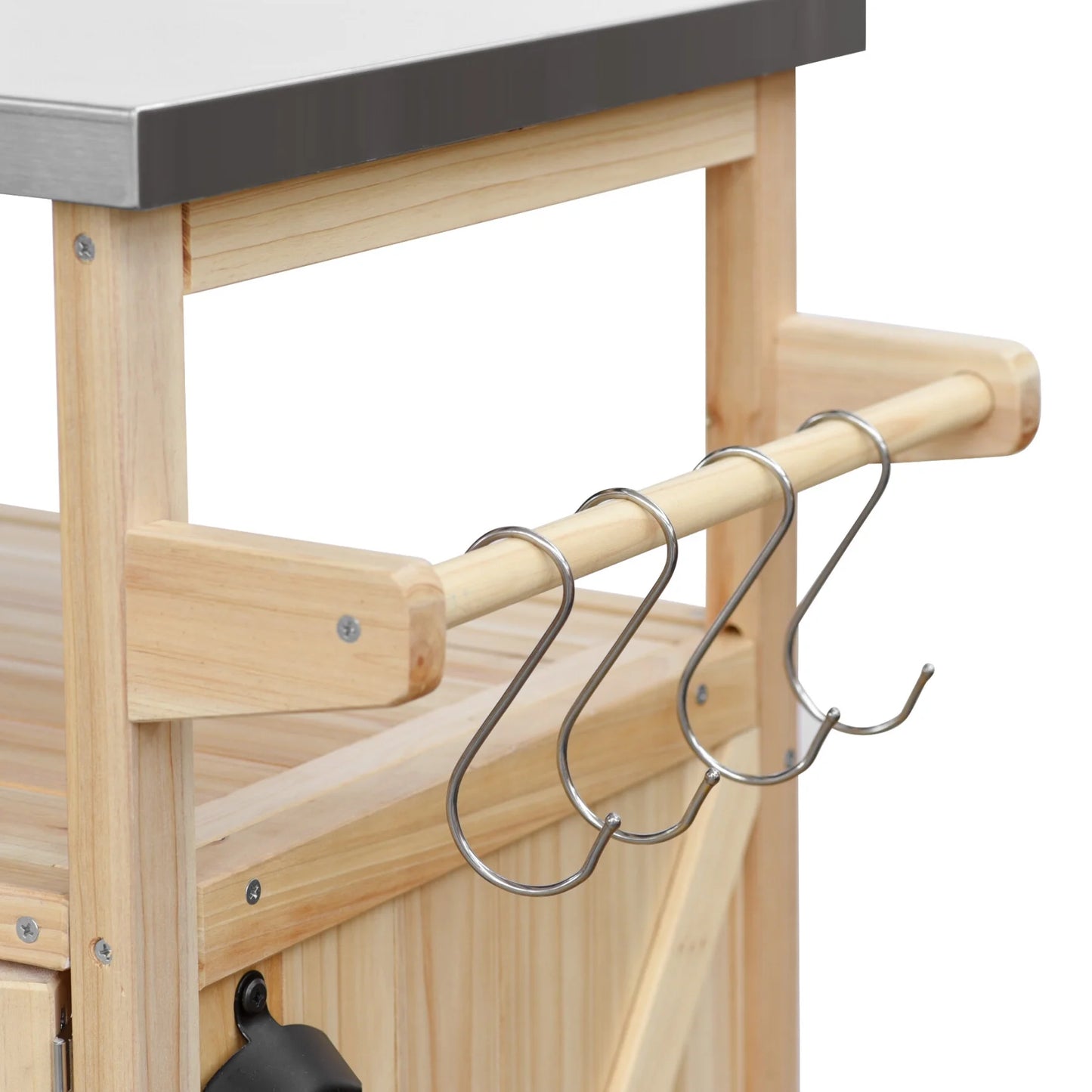 Outdoor Kitchen Island with Rolling Bar Cart and Storage Cabinet, Farmhouse Solid Wood Outdoor Grill Table with Stainless Steel Top, Spice Rack and Towel Rack for Kitchen & BBQ, Natural