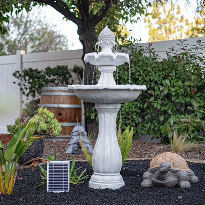 XBrand 44" H White Fiberglass/Resin 2-Tier Solar Water Fountain w/Solar Panel and Auto-Shut Off Pump, Solar Garden Fountain, Tall Outdoor Fountain, Two Tiered Birdbath Fountain