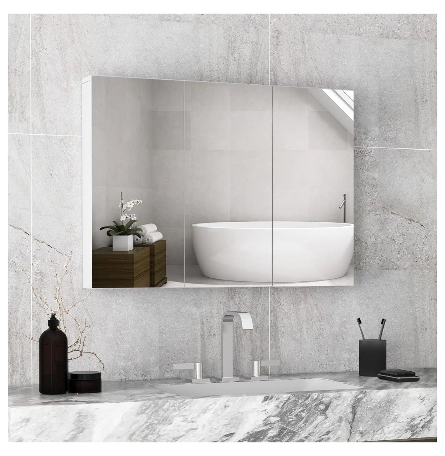 Mirrored Medicine Cabinet, Large Wide Wall Mounted Storage Cabinet with 3 Mirror Doors & Adjustable Shelf, Hanging Bathroom Organizer, White, 36 x 4.5 x 25.5 Inches