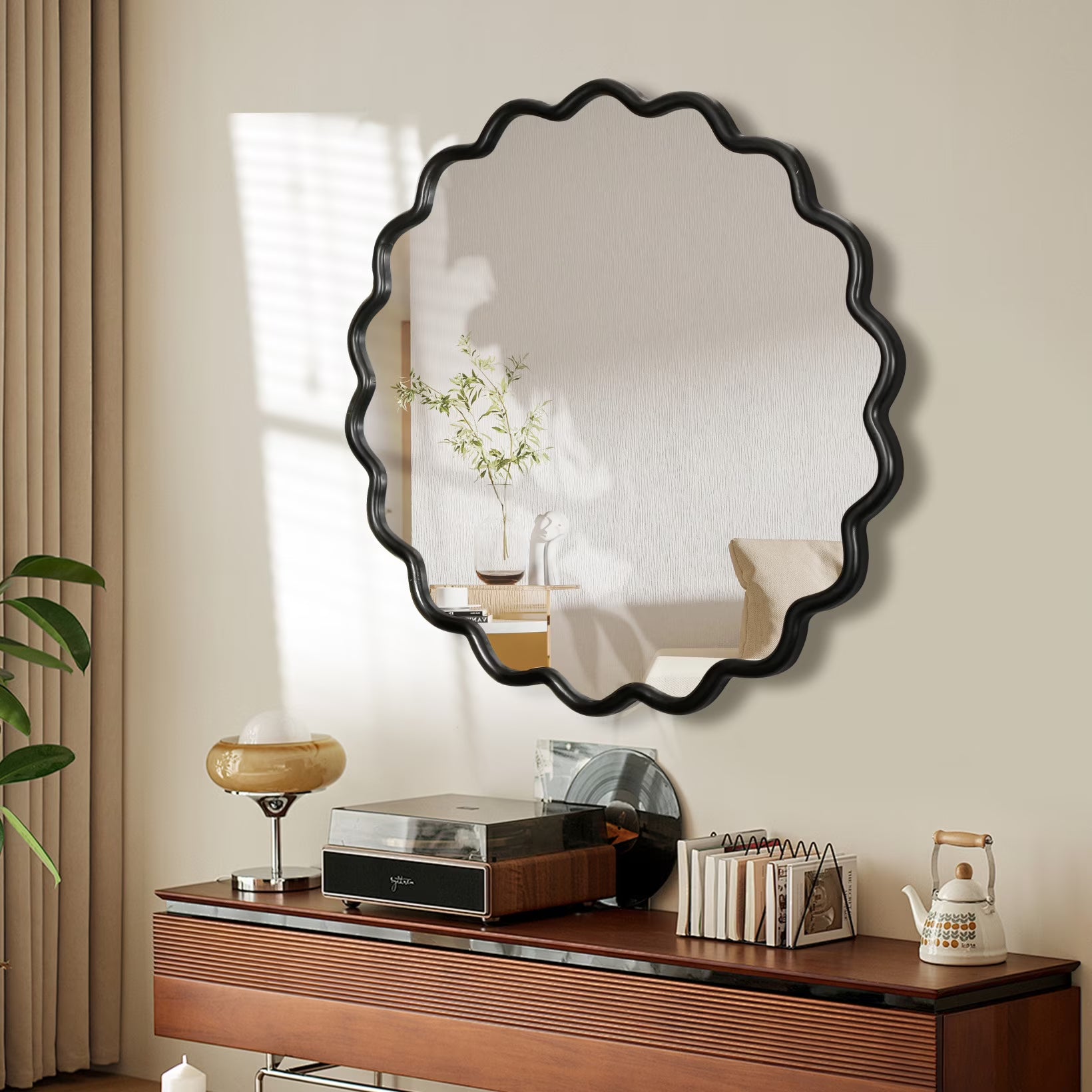 Solid Wood Wavy Frame Modern Mirror - 40x28 Inches Durable Farmhouse Wall Decor for Bathroom, Living Room & Entryway with Easy Install