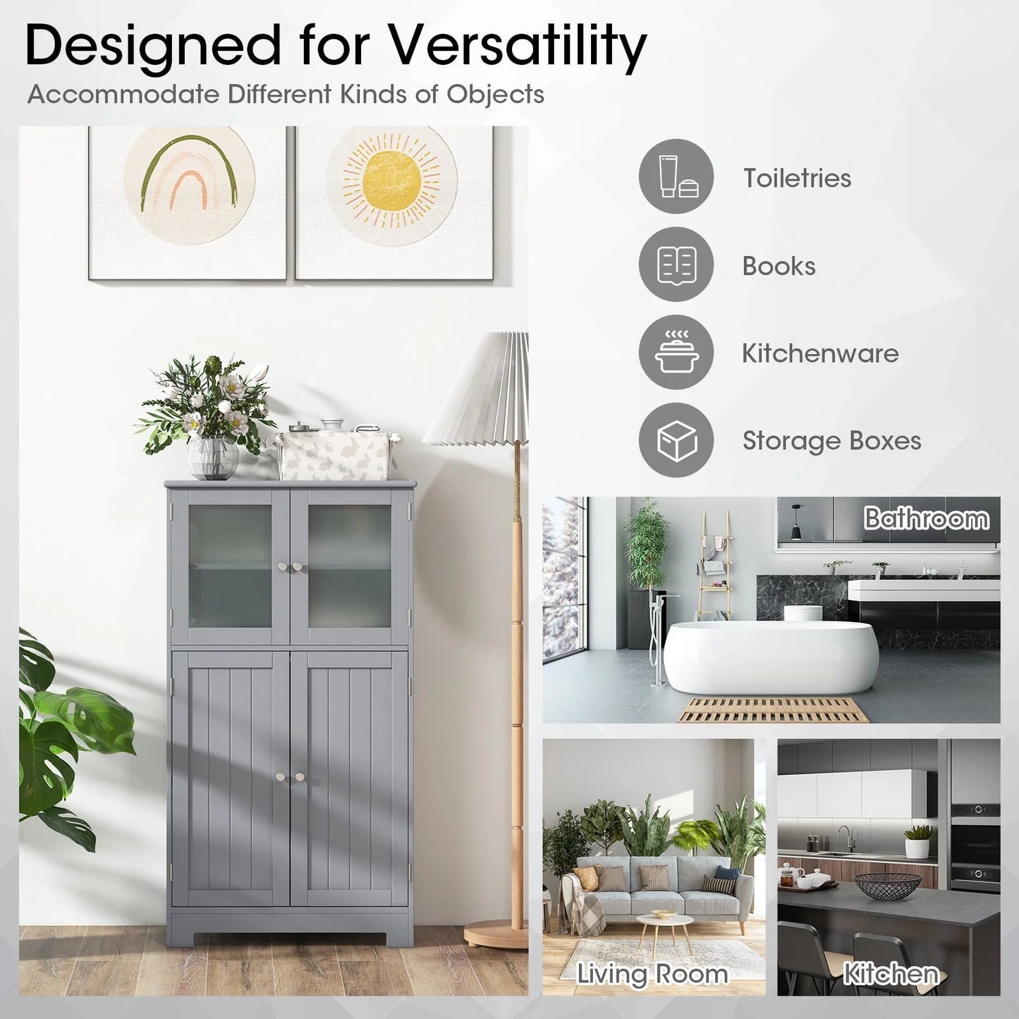 Topbuy Bathroom Storage Cabinet Freestanding Storage Cabinet w/4 Doors Wooden Kitchen Cupboard w/Adjustable Shelf