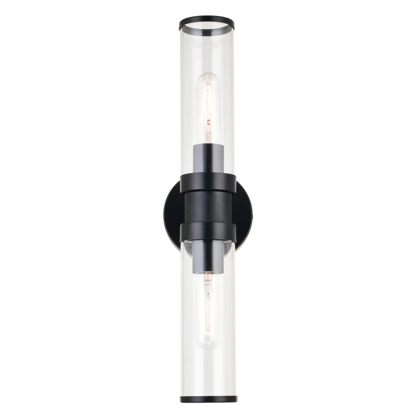 Levitt 2 Light Black Industrial Bathroom Vanity Wall Fixture with Clear Tube Glass