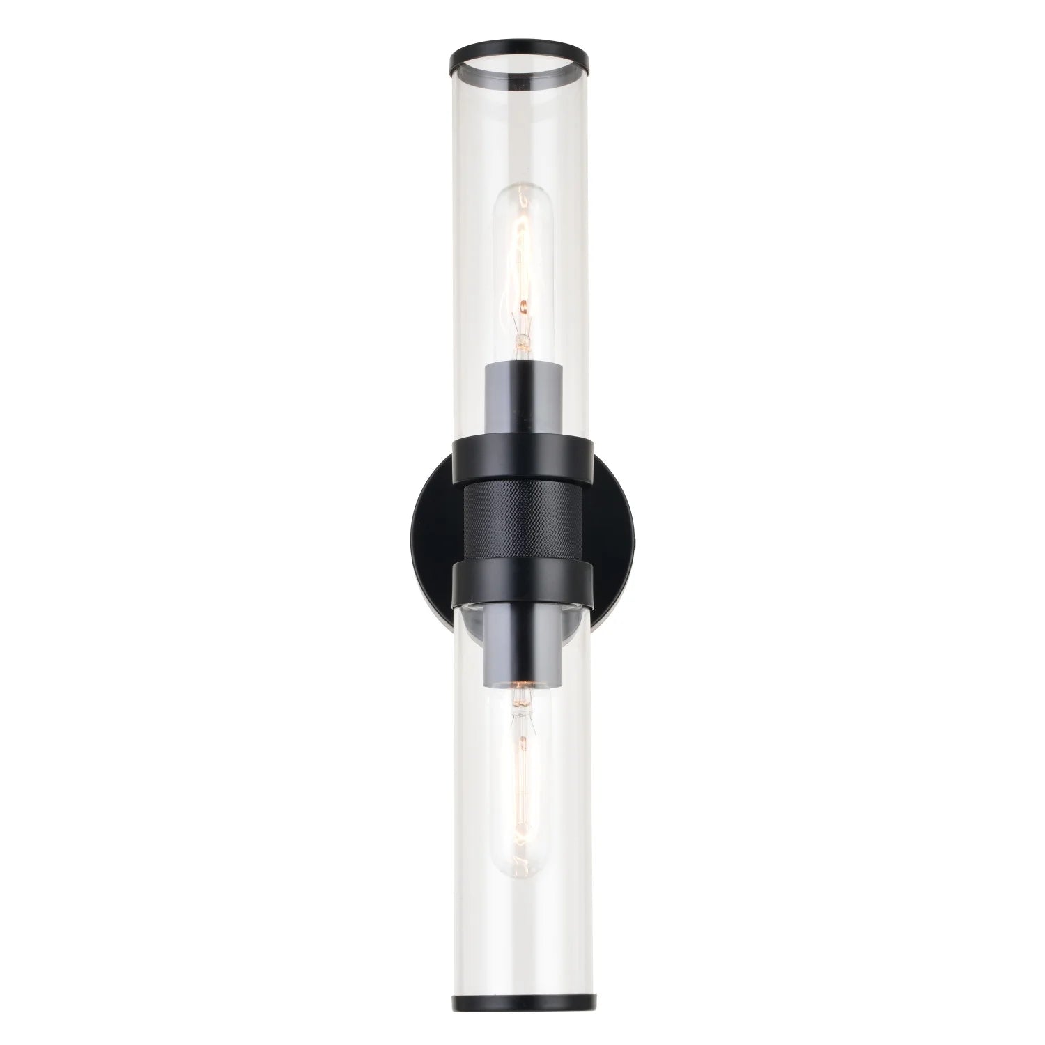 Levitt 2 Light Black Industrial Bathroom Vanity Wall Fixture with Clear Tube Glass