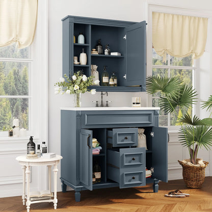 Modern Bathroom Cabinet Set with Top Sink, Bathroom Vanity with Wall Mounted Bathroom Storage Cabinet, 2 Soft Closing Doors, 2 Drawers, Water-Resistant Paint, Grey
