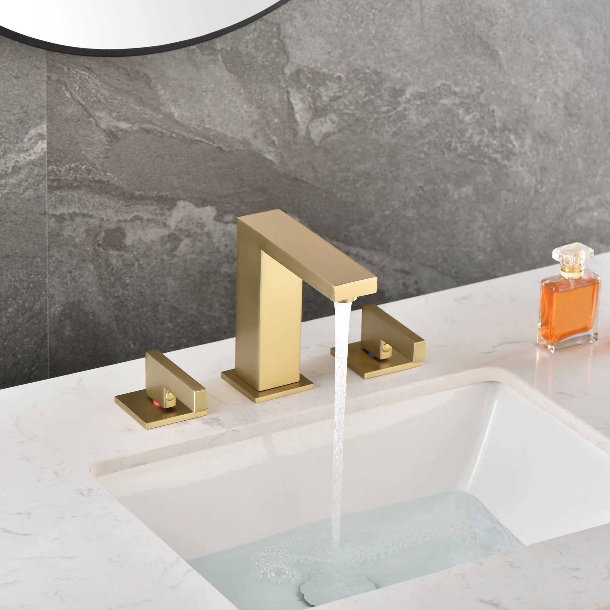 sumerain Brushed Gold 8 Inch Widespread Bathroom Faucet 2 Handle Lavatory Faucet Solid Brass, with Quick Connect Hose