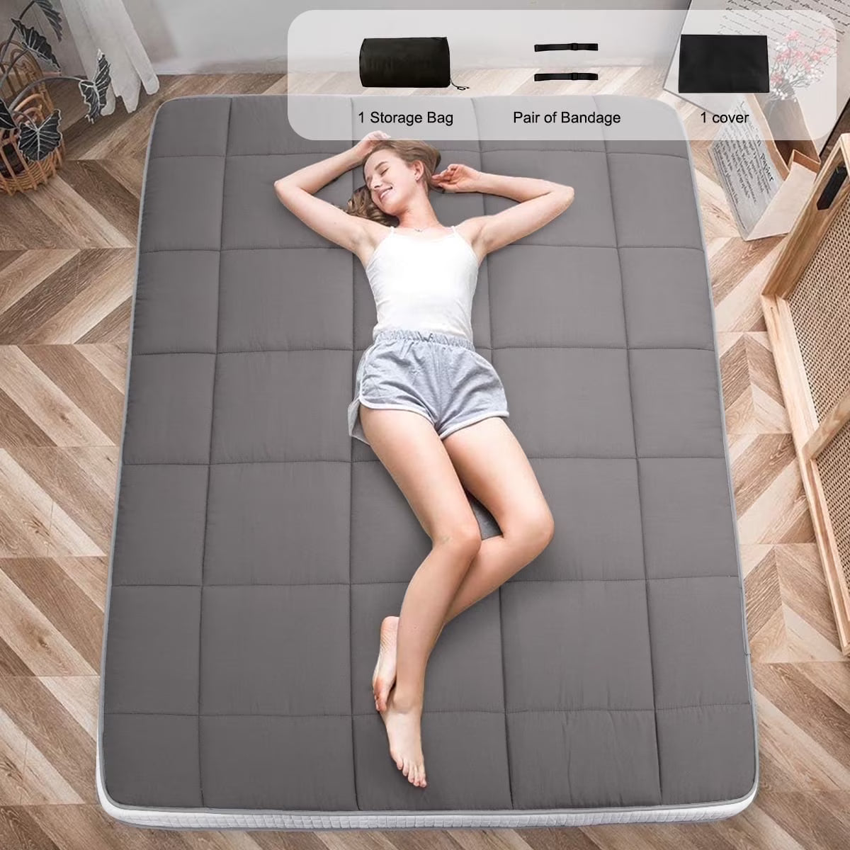 CshidWorld Japanese Floor Mattress, Futon Mattress w/Storage Bag & Washable Cover, Roll up Floor Mattress 4° F Thick Tatami Mattress Quilted Bed Mattress Topper for Dorm, Guest Room, Gray, Queen