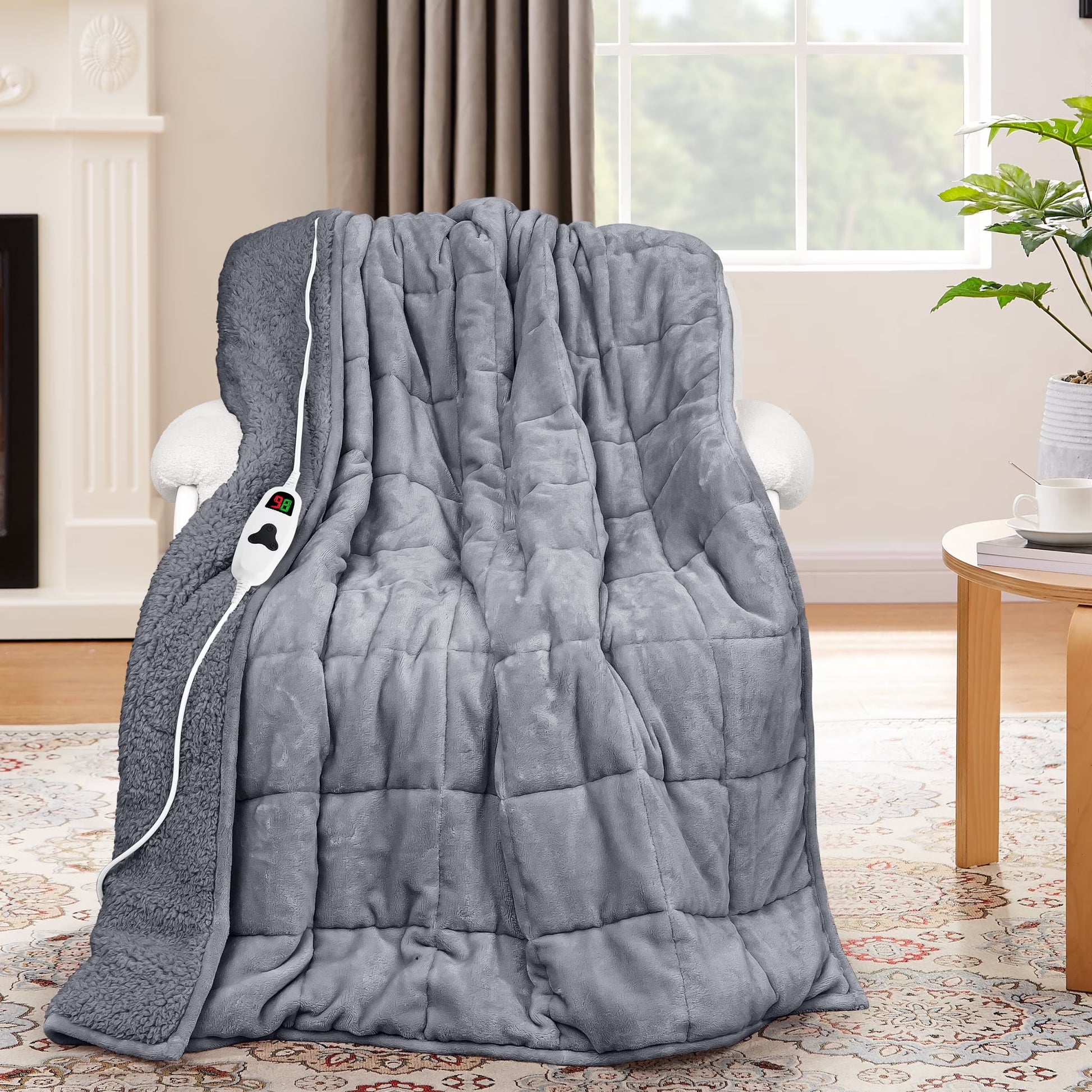 PMONPA Heated Weighted Blanket for Adults, Sherpa Fleece Electric Blanket Queen Size ,60° x 80°, 20lbs