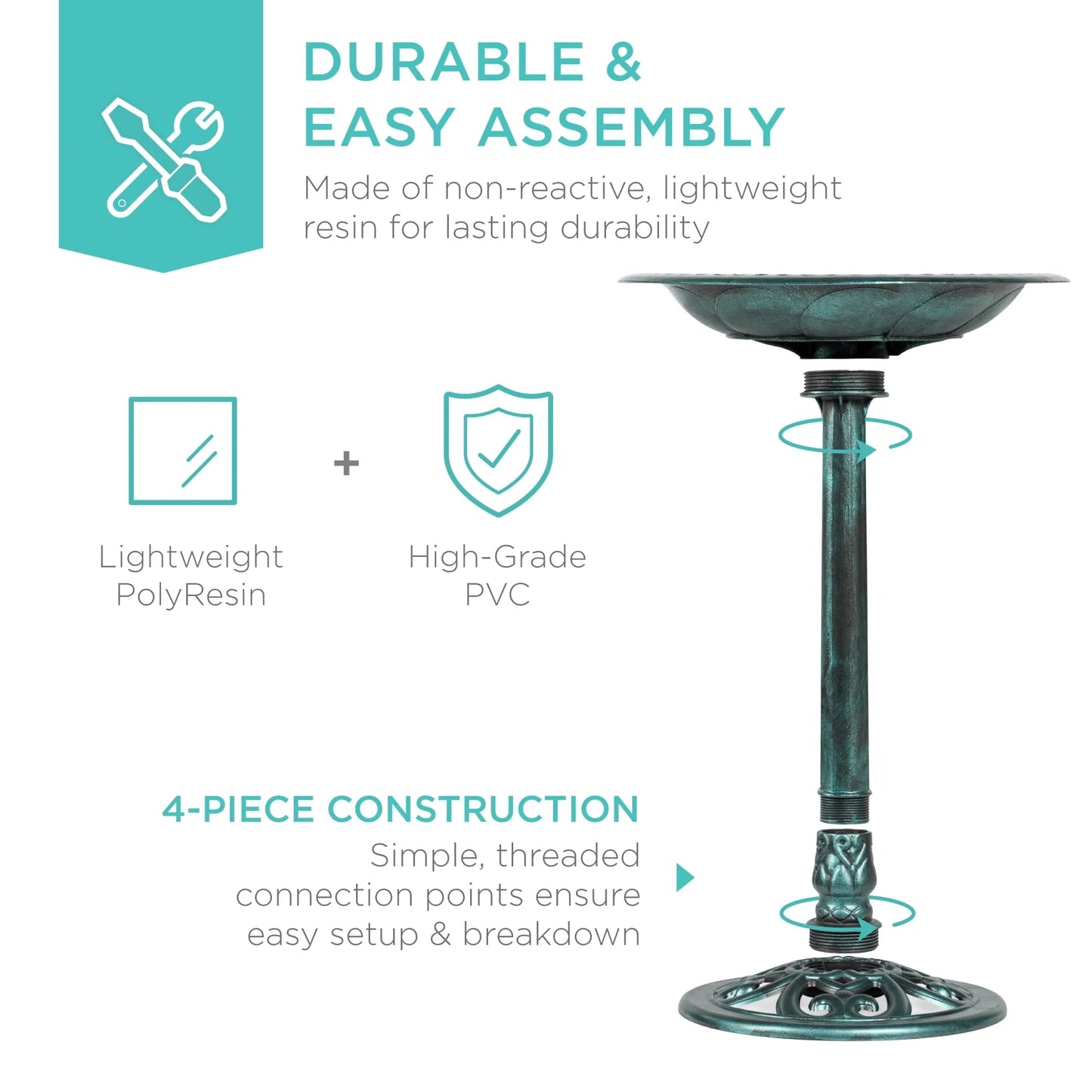 Best Choice Products Outdoor Rustic Pedestal Bird Bath Accent for Garden, Yard w/Fleur-de-Lis Accents Green