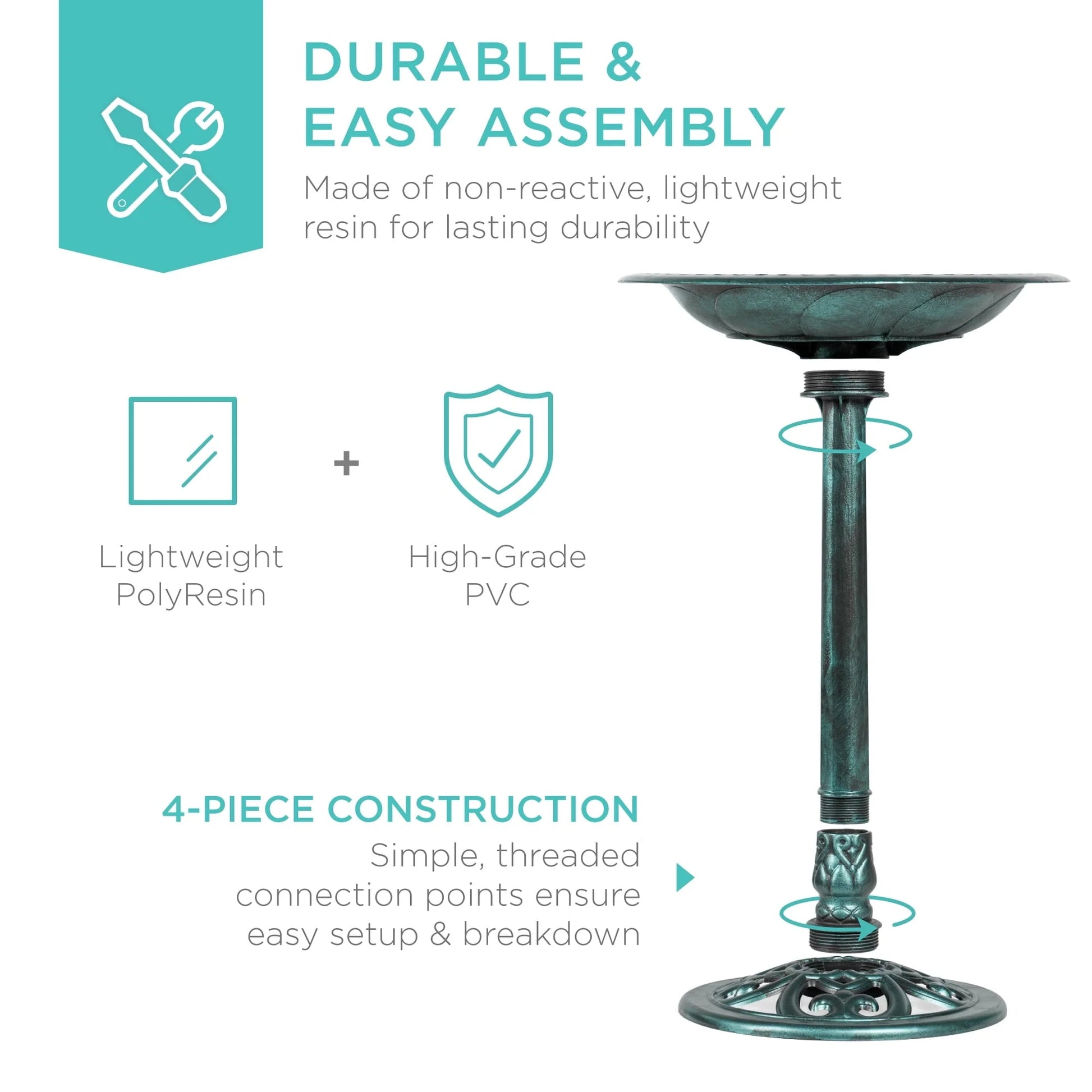Best Choice Products Outdoor Rustic Pedestal Bird Bath Accent for Garden, Yard w/Fleur-de-Lis Accents Green