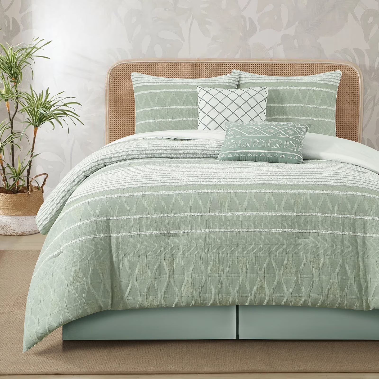 Lanco 100% Cotton Queen Size Comforter Set , 6 Piece , Beige Geometric Jacquard Bedding Set