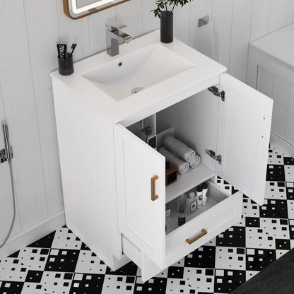 24" Bathroom Vanity with Ceramic Undermount Sink - Freestanding 2-Door & 1-Drawer Storage Cabinet, White
