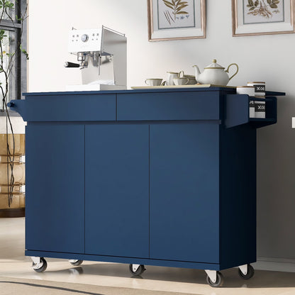 53.2'' Kitchen Island with Drop Leaf, Kitchen Storage Cart with Spice Rack, Towel Rack and 2 Drawers, Rolling Kitchen Island on Wheels with Adjustable Shelves, Navy Blue