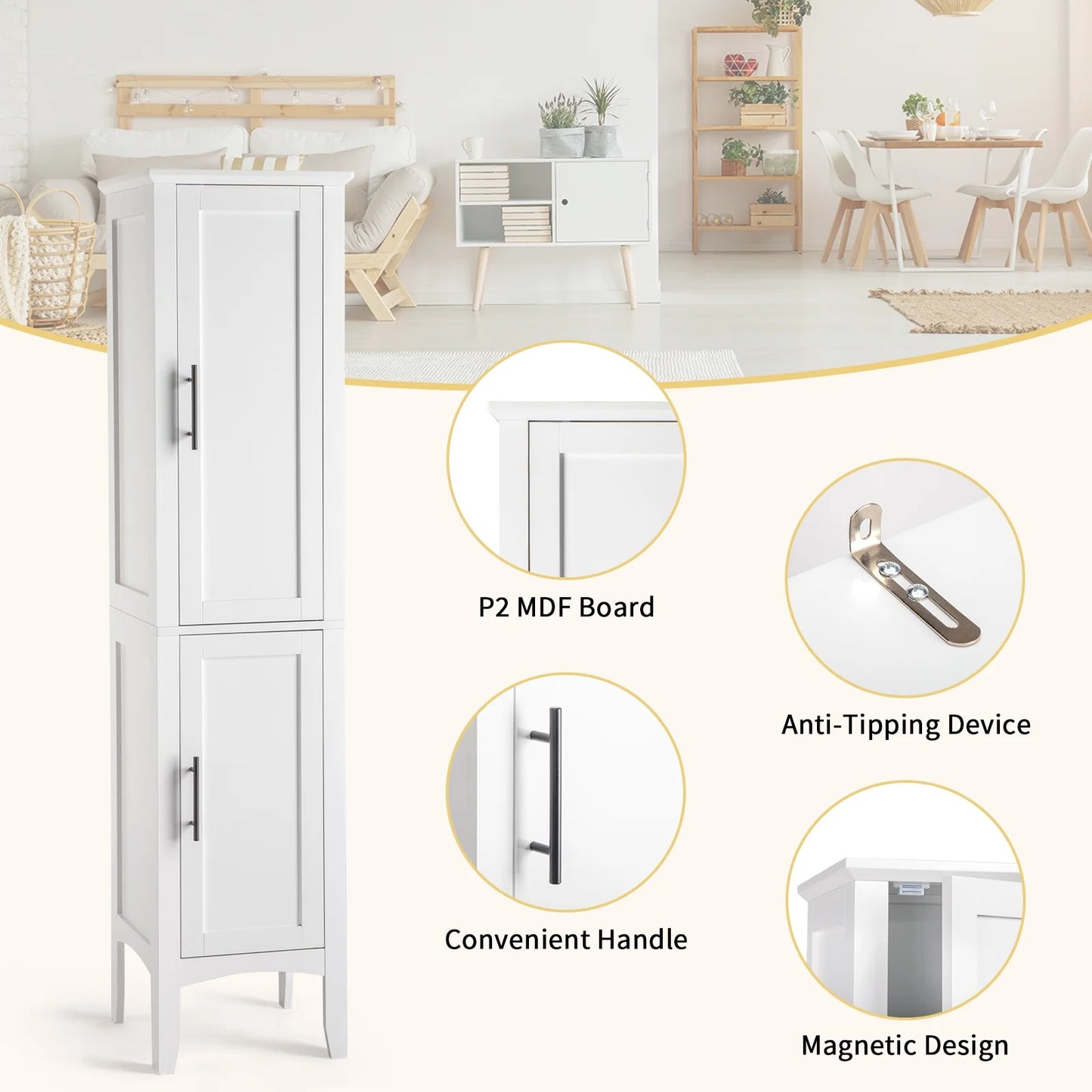Ktaxon Bathroom Storage Cabinet Narrow Tall, Freestanding Cabinet Storage Tower with 2 Door, White