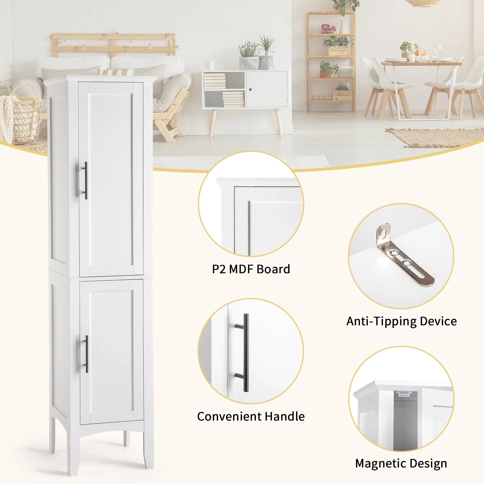 Ktaxon Bathroom Storage Cabinet Narrow Tall, Freestanding Cabinet Storage Tower with 2 Door, White