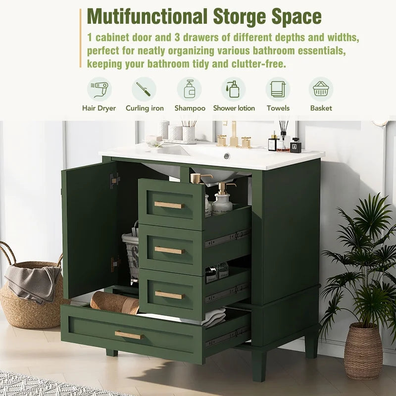 Duxelifin 30" Bathroom Vanity with Sink, Modern bathroom sink cabinet with Soft-Close storage Drawers, Freestanding Vanity with Ceramic Top (Green)