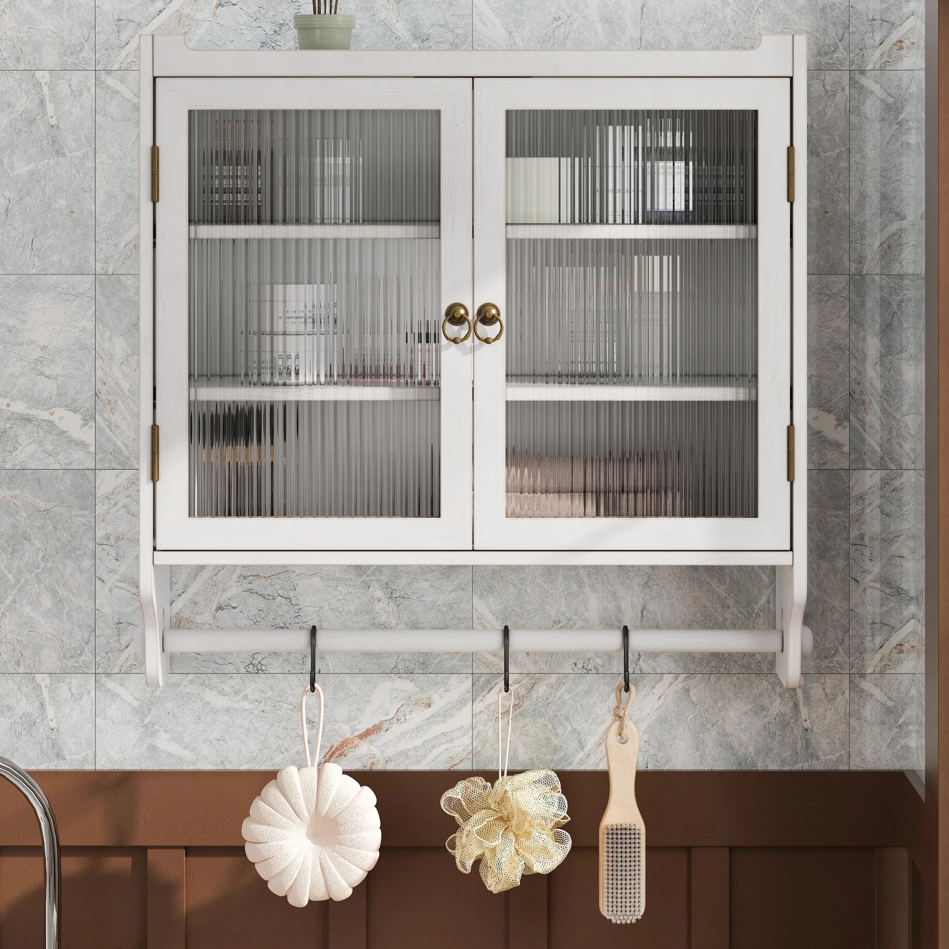 GZXS Solid Wood Wall Cabinet with 2 Tempered Glass Doors, 3-Tier Storage Organizer for Bathroom, Entryway, Kitchen, Dining Room, 24.8"L x 7.08"W x 23.62"H, White Washed