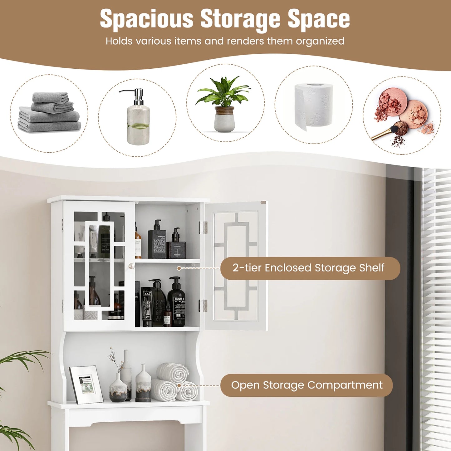 Gymax White Bathroom Over The Toilet Space Saver Storage Cabinet Organizer Shelf