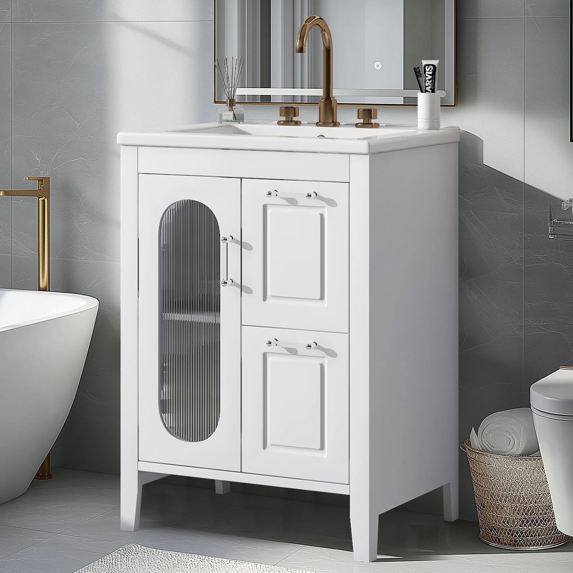 Soges 24" Bathroom Vanity with Ceramic Sink, Solid Wood Bathroom Makeup Cabinet with Door, Adjustable Shelf and 2 Drawer, Free Standing Single Basin Vanity Set for Small Bathroom, White