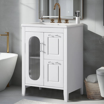 Soges 24" Bathroom Vanity with Ceramic Sink, Solid Wood Bathroom Makeup Cabinet with Door, Adjustable Shelf and 2 Drawer, Free Standing Single Basin Vanity Set for Small Bathroom, White