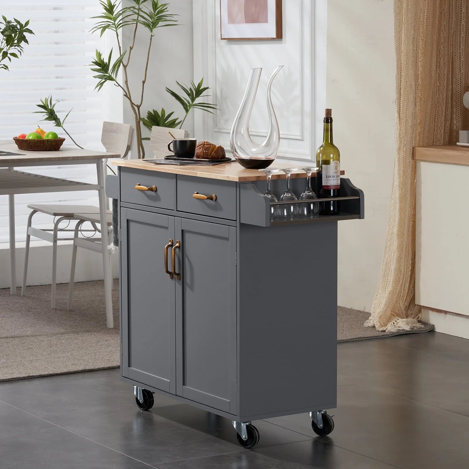 Ktaxon Rolling Trolley Cart Kitchen Island with Spice Rack, Towel Rack & Drawer, Wooden Storage Cabinet with Caster Wheels Gray