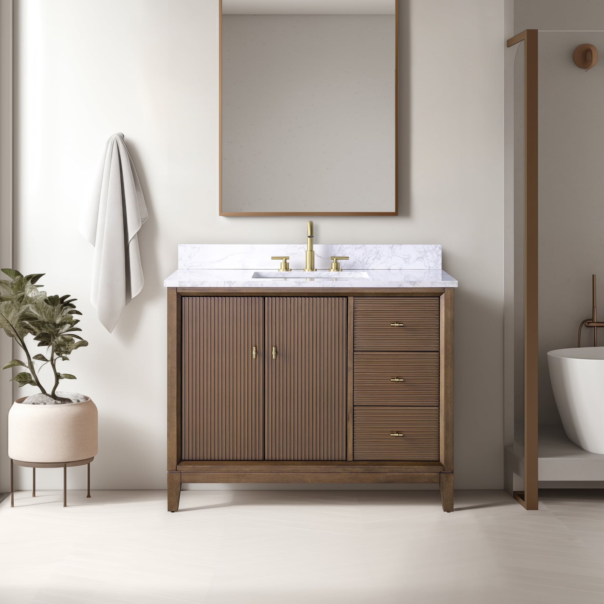 Vanity Art 42" Bathroom Vanity with Sink and Engineered Marble Top, Freestanding Storage Cabinet with 2 Drawers, 1 Shelf and Flip Down Tray