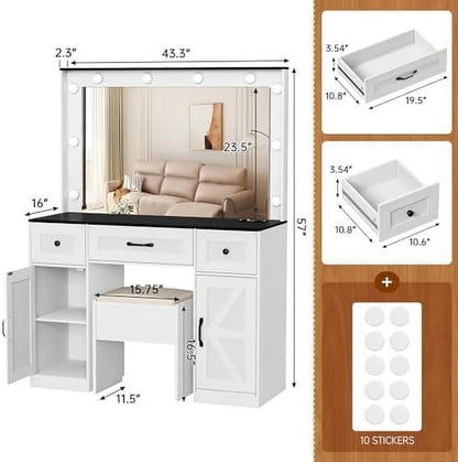 Vanity Table Set with Lighted Mirror,Makeup Dressing Table with 10 Light Bulbs and Touch Switch, 2 Large Drawers and Cushioned Stool for Women Girls Fit Bedroom, Bathroom (White)