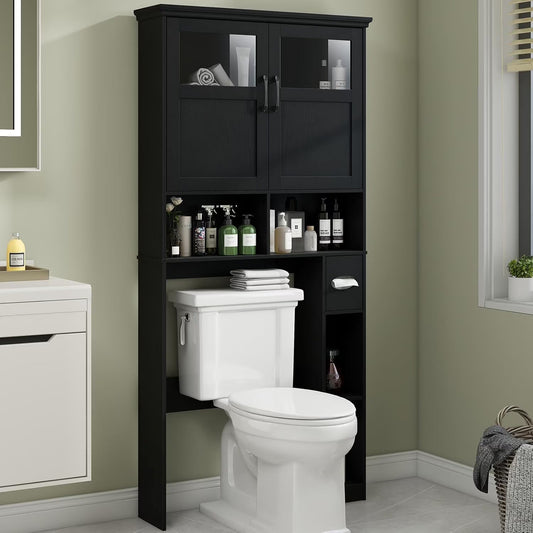 Over The Toilet Storage Cabinet, Storage Cabinet Over Toilet with Double Doors & Toilet Paper Holder Stand, Freestanding Toilet Shelf Space Saver with Anti-Tip Design & Adjustable Shelf, Black
