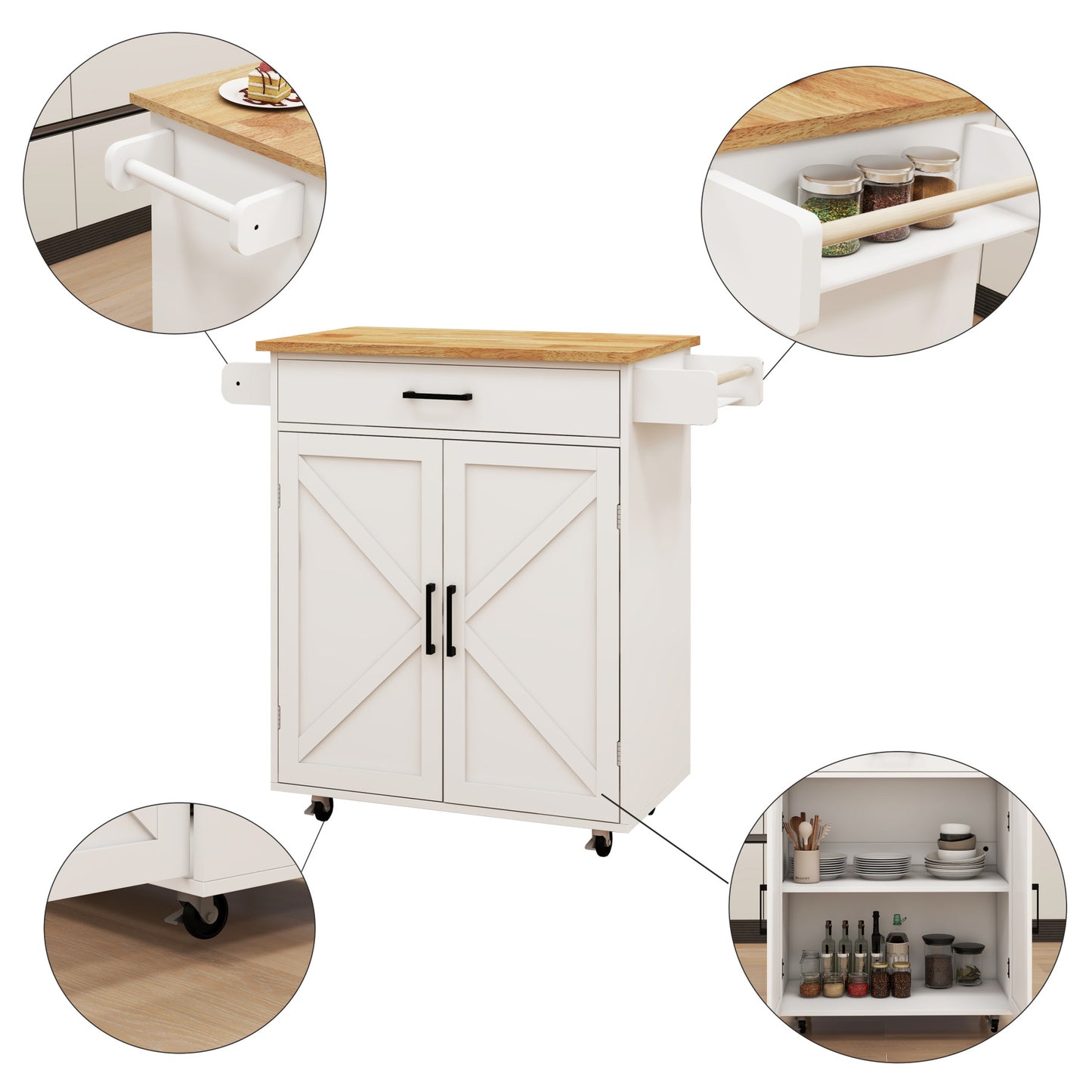 Rolling Kitchen Island with Solid Wood Top & Pull-out Drawer, Kitchen Trolley Cart with Spice Rack & Towel Rack & Storage Pantry Cabinet with Adjustable Shelf, Kitchen Island Cart on Wheels, White