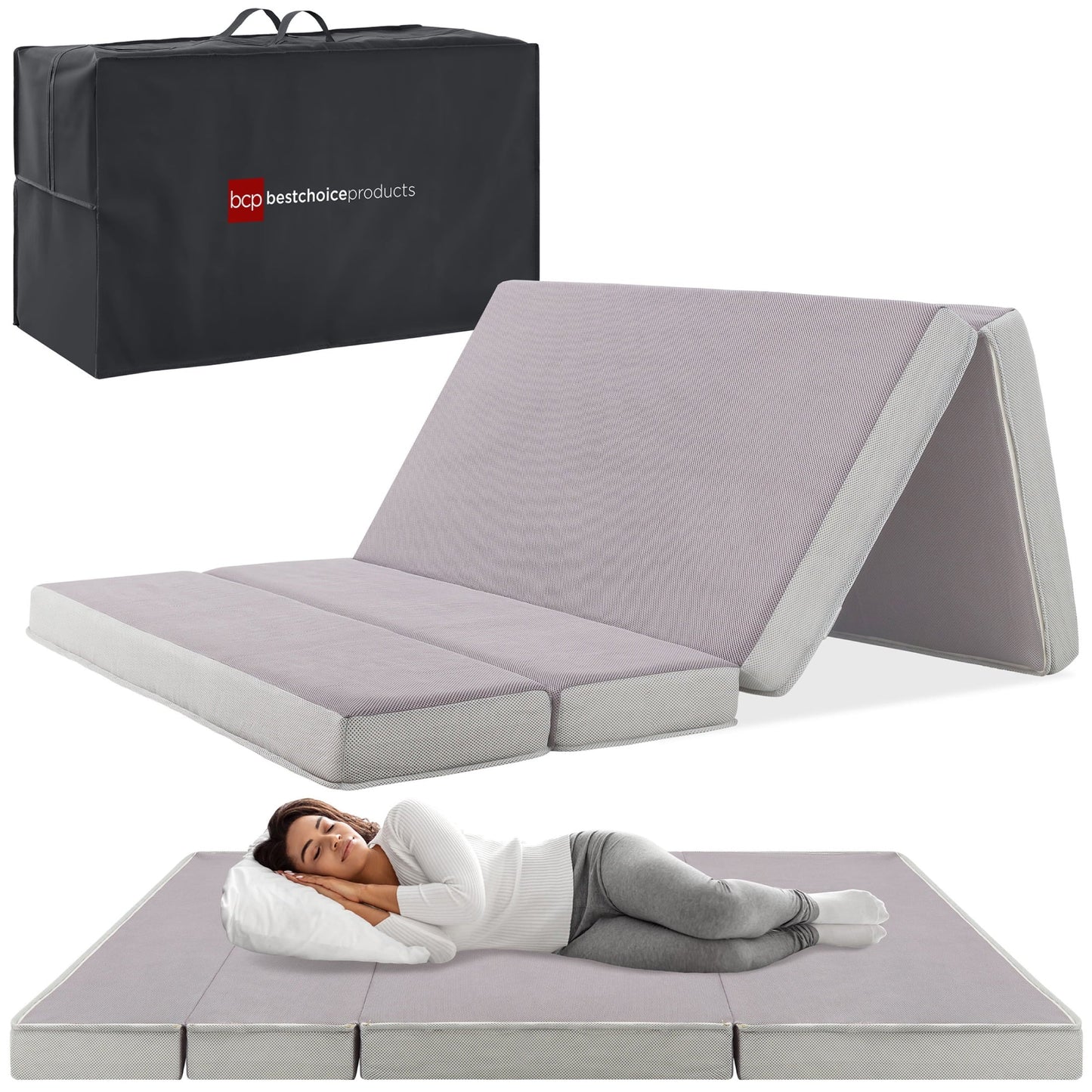 Choice Products 4in Thick Folding Portable Queen Mattress Topper w/Carry Case, Plush Foam, Washable Cover