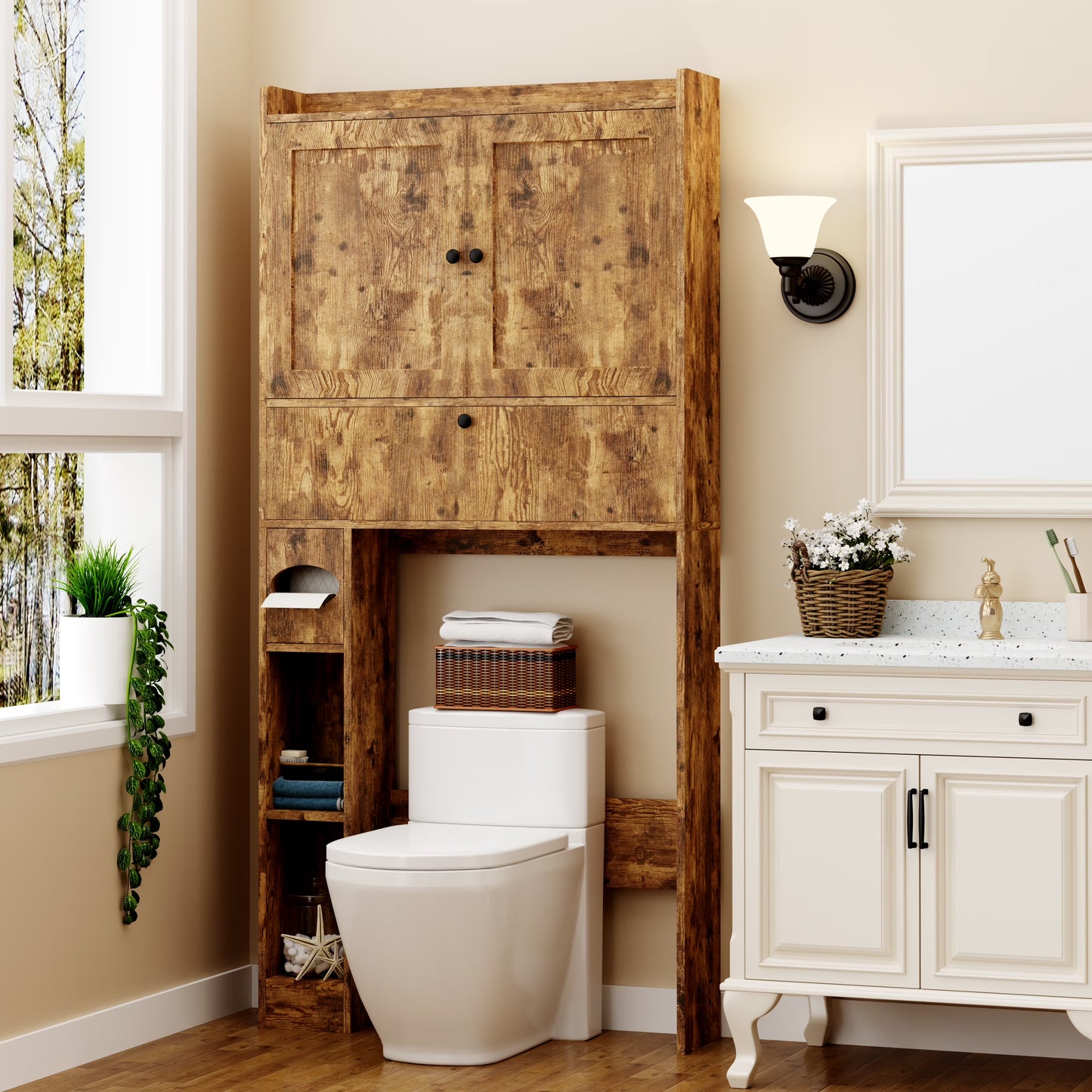 Over The Toilet Storage Cabinet,Bathroom Storage Cabinet with Wooden Doors,Bathroom Organizer Over-The-Toilet Cabinet(Distressed Brown)