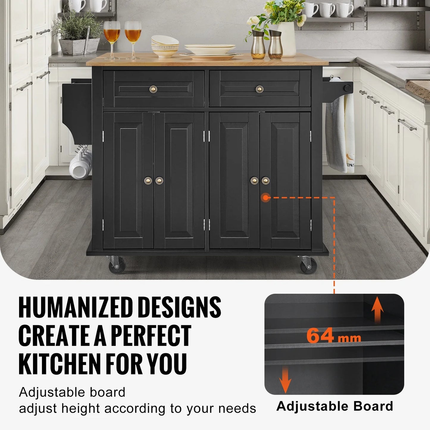VEVOR Kitchen Island Cart, 43" Wood Top Mobile Carts with Storage Cabinet, Rolling Table with Drop Leaf, Spice Rack, Towel Bar, Adjustable Shelf, Drawer, and Hooks, Portable Islands on Wheels, Black