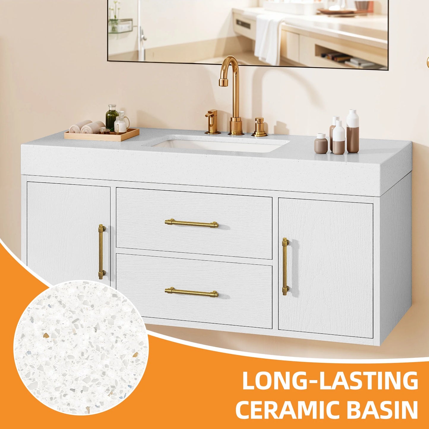 Craftian 48 inch Wall Mounted Bathroom Vanity 2 Doors & 2 Drawers, Floating Bathroom Cabinet, White