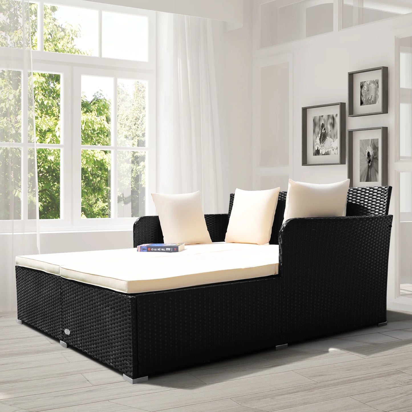 Costway Outdoor Patio Rattan Daybed Pillows Cushioned Sofa Furniture Beige