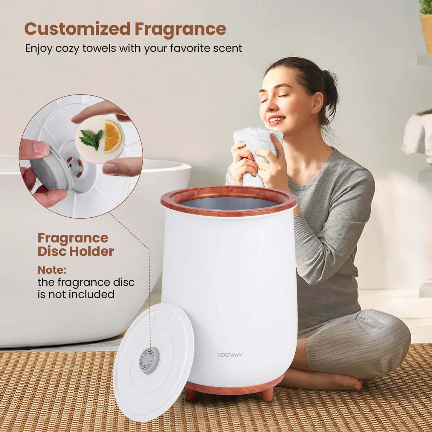 Costway 23L Bathroom Towel Warmer Bucket 4 Timer with Fragrance Holder & 3-Level Heating Brown
