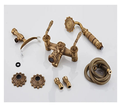 Antique Brass Bathtub Shower Faucets Set, Wall Mounted Bath Shower Set Swivel Tub Spout Bath Shower Dual Control Carved Mixer Tap