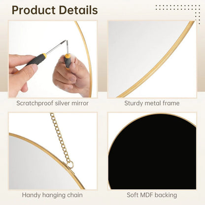 Wall Mirror, 15.7in Hanging Round Mirror with Chain, Golden Metal Frame Circle Mirror for Bathroom, Bedroom, Living Room, Entryway