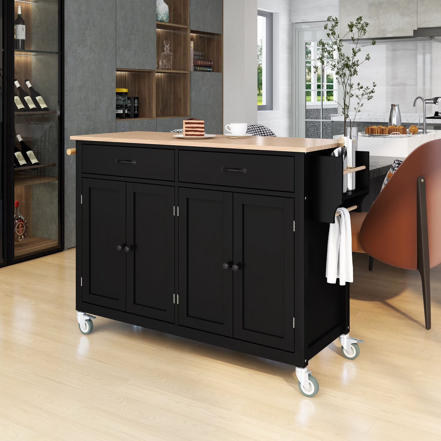 Aukfa Rolling Kitchen Island Cart with Storage Towel Racks & 4 Door Cabinet, White