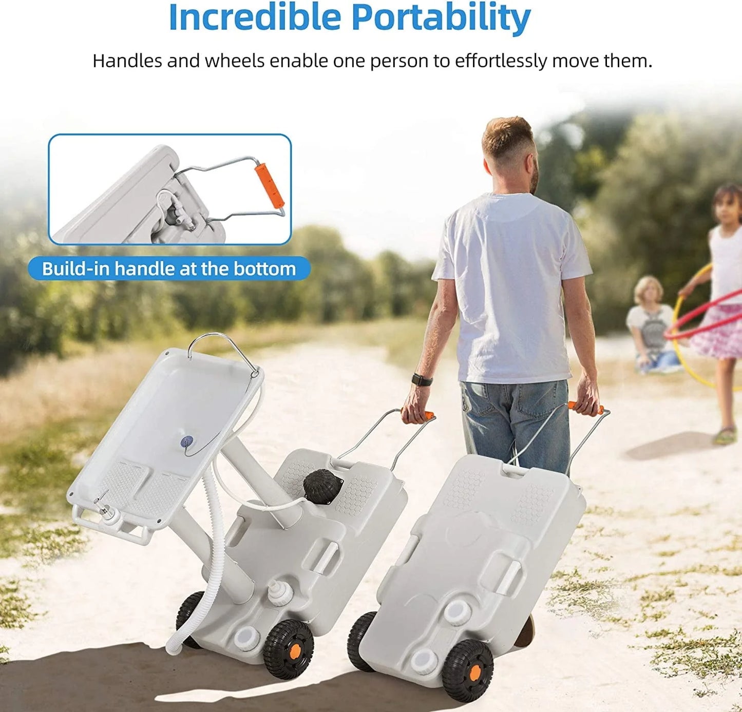 Portable Sink Camping 30 L with Rolling Wheels, Hand Washing Station with 30 L Sewage Tank, Rolling Wheels, Soap Dispenser, Towel Holder, Ideal for Outdoor, White