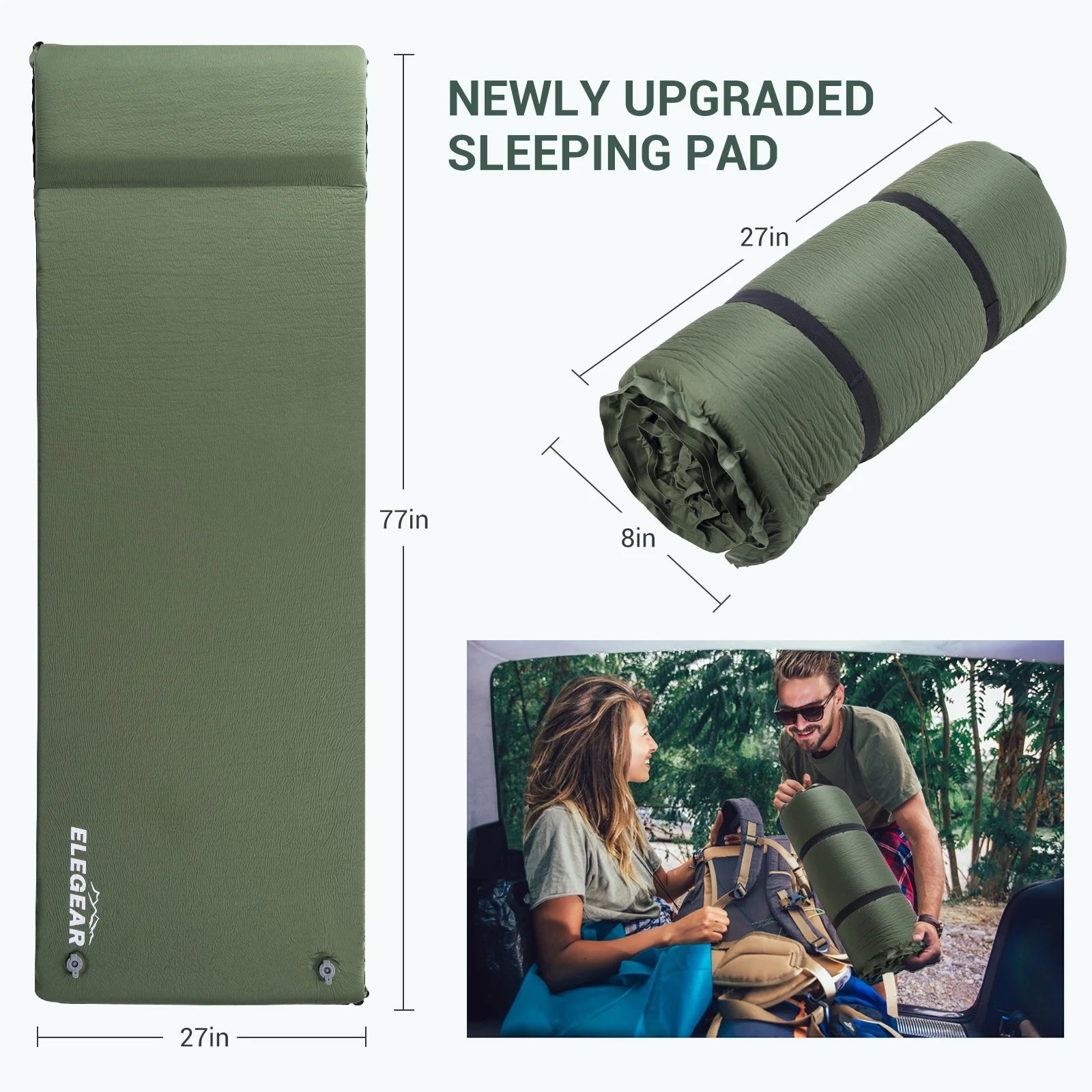 Elegear Self Inflating Sleeping Pad, 3.1" Ultra-Thick Memory Foam Camping Pad with Pillow Fast Inflating in 20s Insulated Camping Mattress Pad 4-Season Camp Sleeping Mat for Camping/Car/Tent