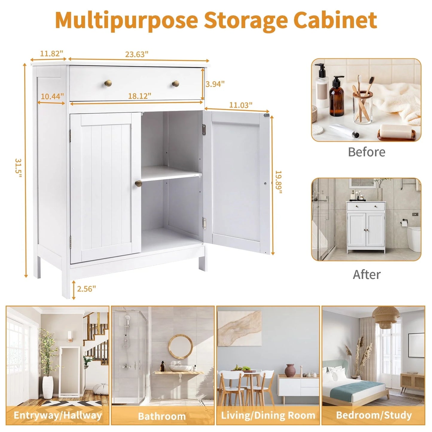 BaytoCare Wooden Free Standing Bathroom Floor Cabinet with Drawer and Double Doors, Bathroom Storage Organizer also Suitable for Kitchen Entryway Bedroom, White Finish
