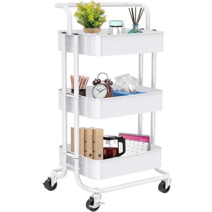 3-Tier Metal Rolling Cart Utility & Storage Cart with Lockable Wheels Kitchen Bathroom Office(White)