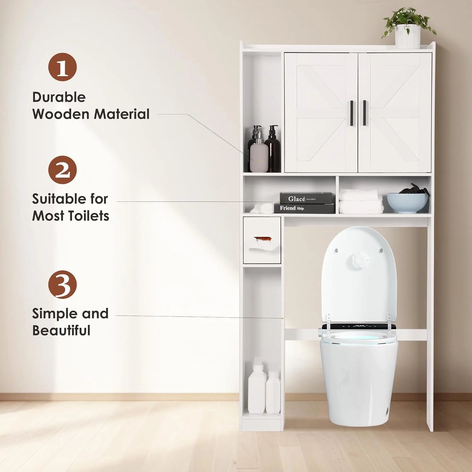 Over The Toilet Storage Cabinet, Farmhouse Bathroom Space Saver Organizer with 2 Barn Doors and Paper Holder Stand, Wooden Toilet Rack for Restroom, Laundry