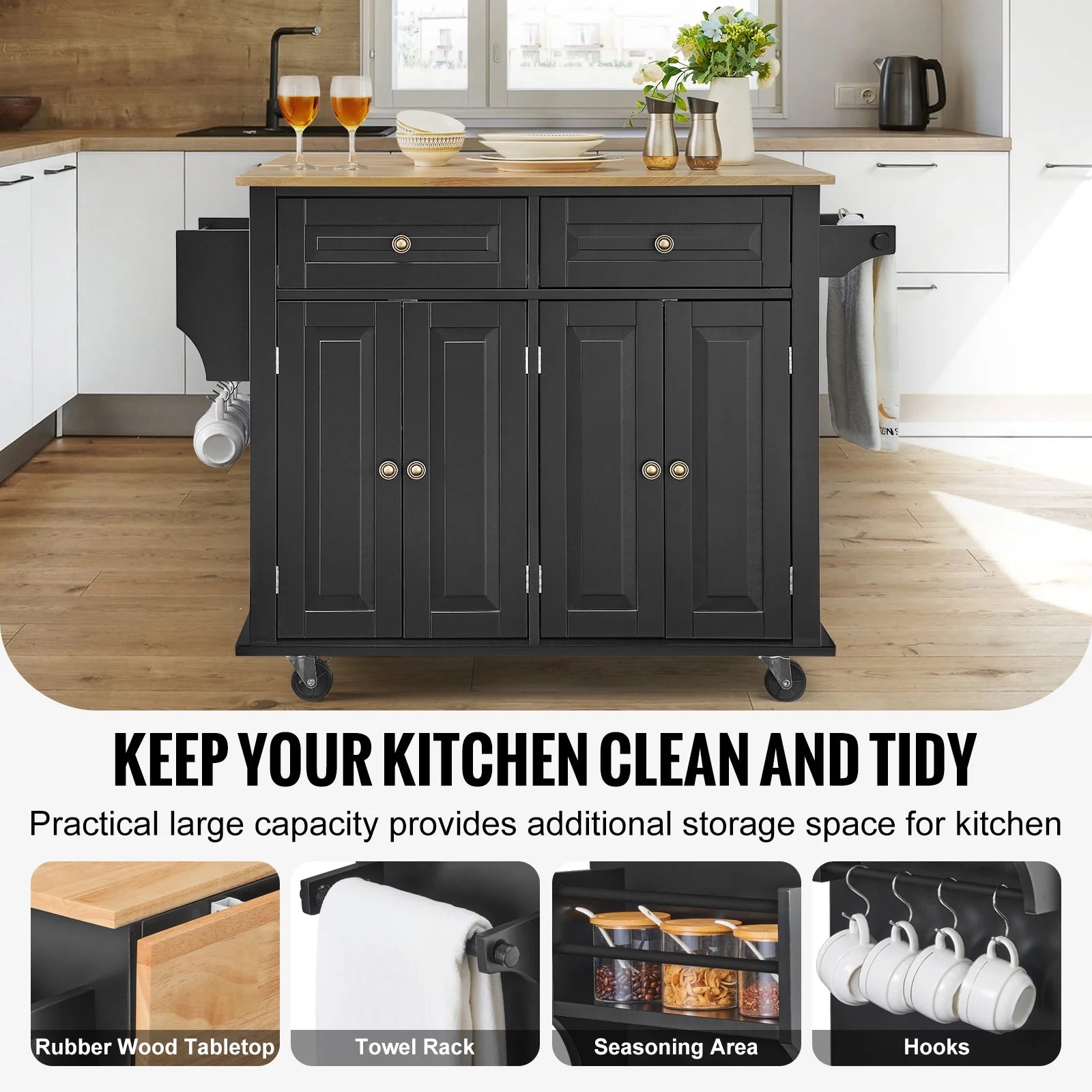 VEVOR Kitchen Island Cart, 43" Wood Top Mobile Carts with Storage Cabinet, Rolling Table with Drop Leaf, Spice Rack, Towel Bar, Adjustable Shelf, Drawer, and Hooks, Portable Islands on Wheels, Black
